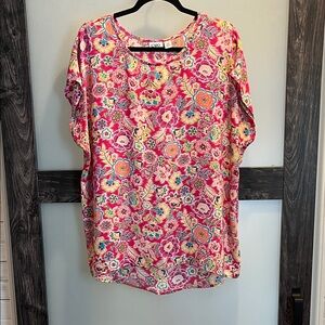Cato Pink Multicolor Floral Short Sleeve Tunic